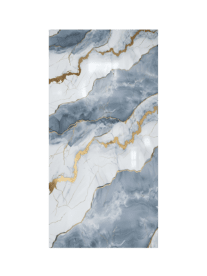 Plancha de revestimiento rectangular con acabado brillante que simula piedra de mármol blanco con vetas grises.