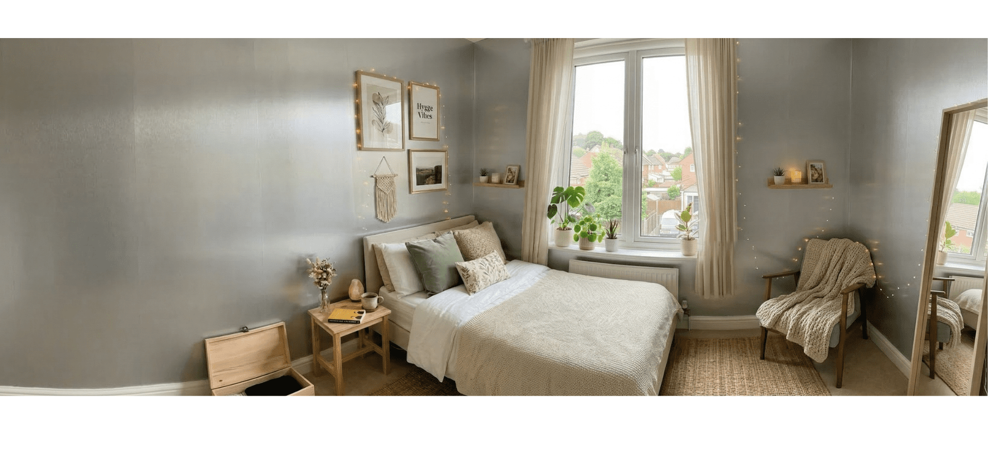 Dormitorio de estilo elegante con paredes hechas con planchas pvc estilo metálicas, cama con textiles neutros, guirnaldas de luces cálidas, y detalles de decoración natural junto a una gran ventana.