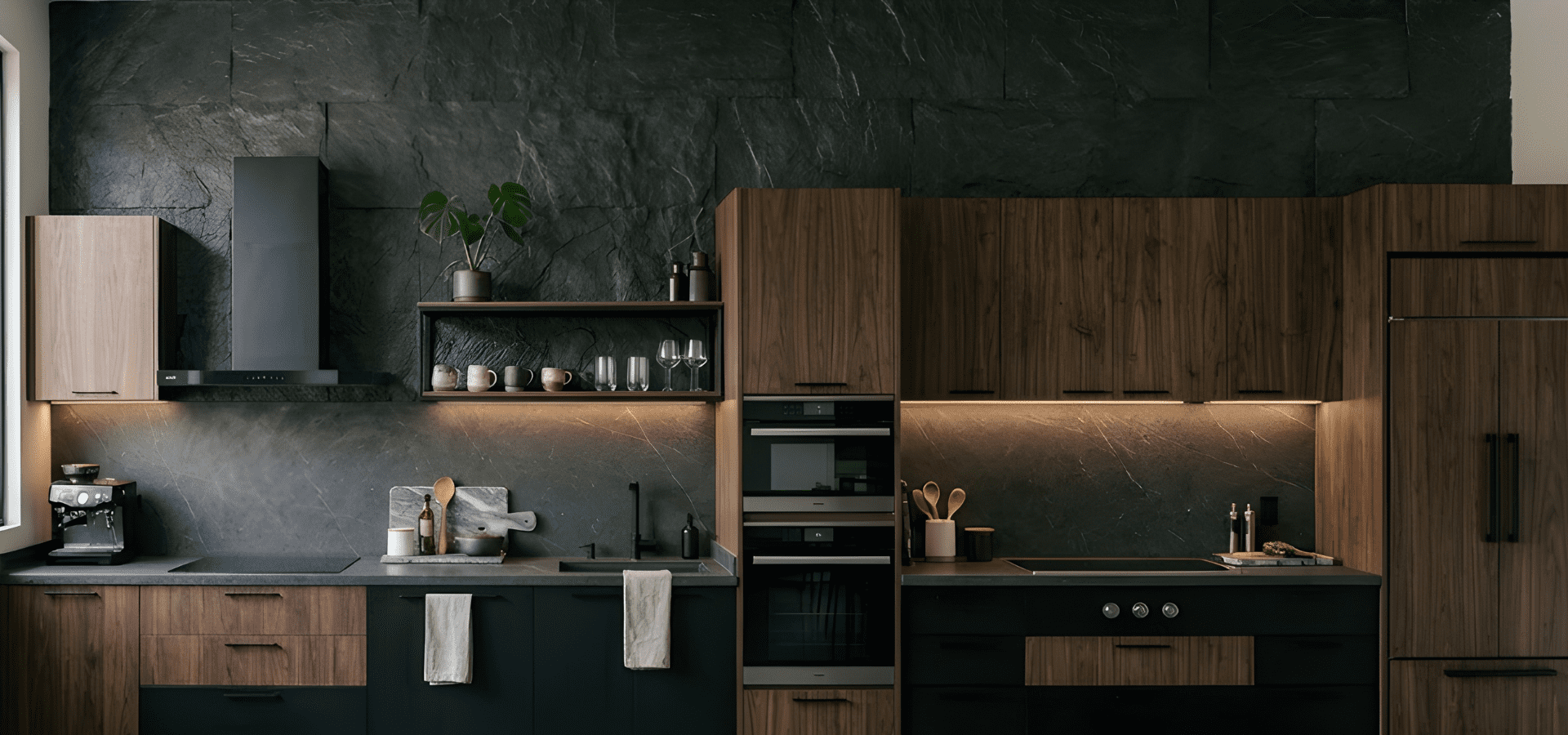 Cocina de diseño sofisticado que combina armarios de madera de nogal, una imponente pared trasera de piedra pu negra, electrodomésticos integrados e iluminación cálida bajo los estantes.