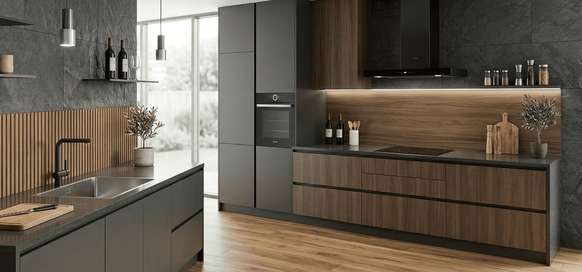 Diseño de cocina contemporánea con armarios en gris carbón mate, cajones inferiores con acabado hechos con wall panels, encimera oscura y pared de piedra pu.