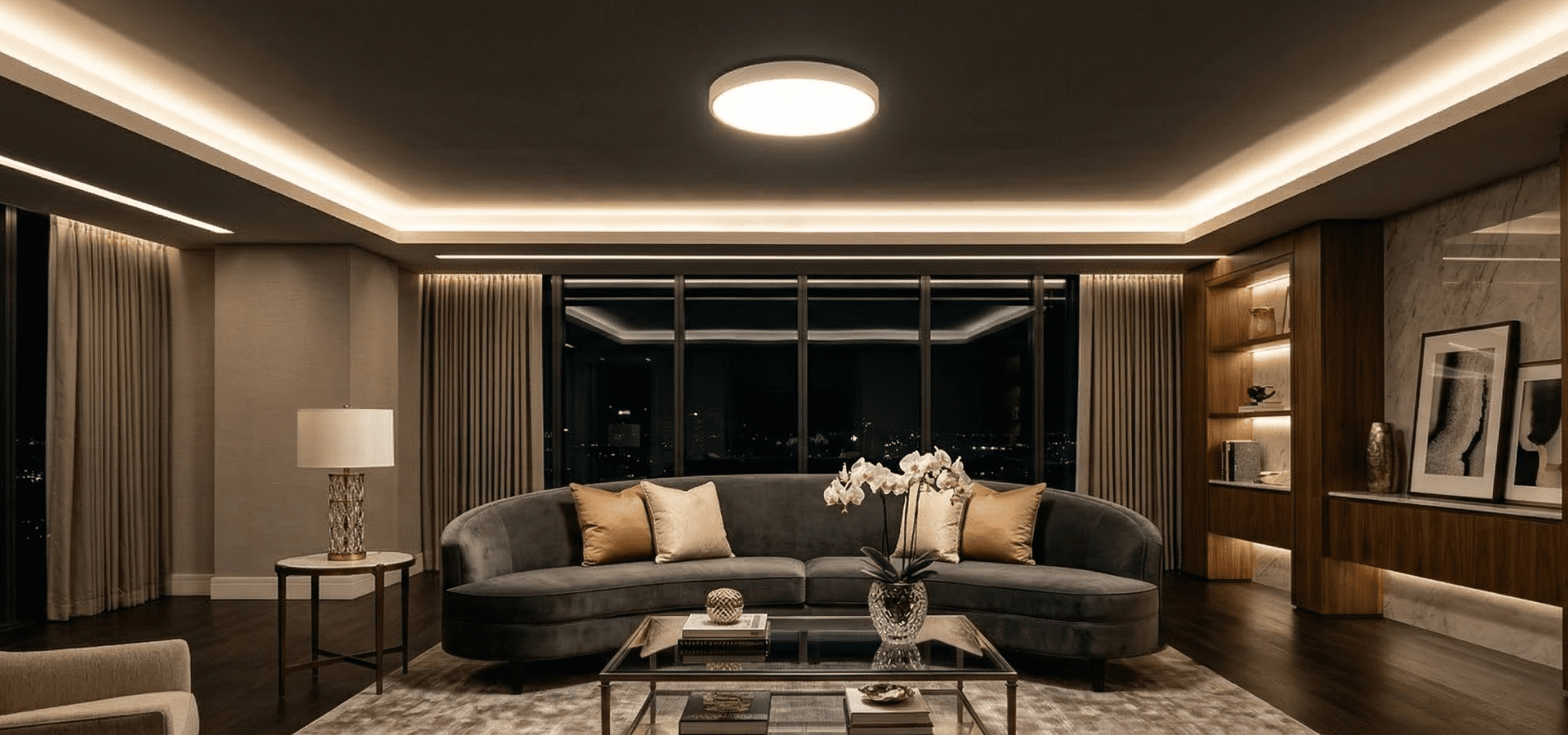 Sala de estar de lujo con diseño moderno, iluminación LED indirecta en el techo, sofá curvo de terciopelo oscuro, cojines dorados y un gran ventanal con vista nocturna