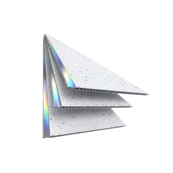 Tres paneles de cielo raso en PVC color blanco, apilados, con diseño de estrellas sutiles y bordes holográficos para decoración de techos.