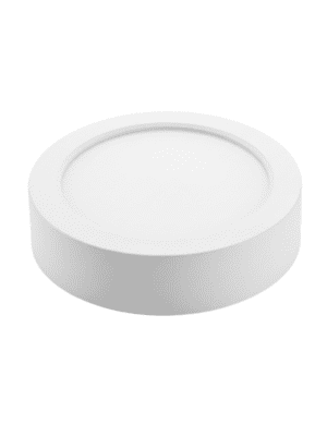 Un panel luminoso LED circular de superficie con marco blanco y difusor opalino, fotografiado en perspectiva sobre fondo blanco.