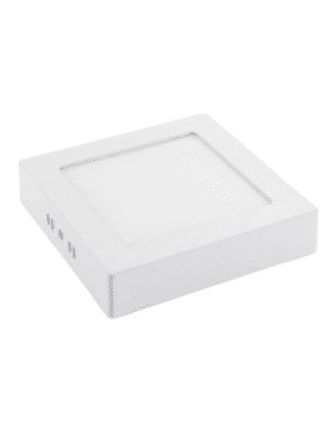 Un panel luminoso LED cuadrado de superficie con marco blanco y difusor opalino, fotografiado en perspectiva sobre fondo blanco.