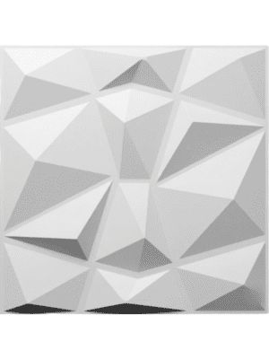 Panel de pared 3D en PVC color blanco con diseño geométrico de triángulos asimétricos en relieve.